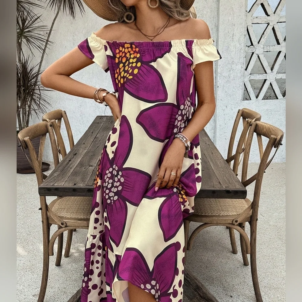 Women\ One Shoulder Printed Casual Vacation Dress With Ruffled Hem - Picture 3 of 4